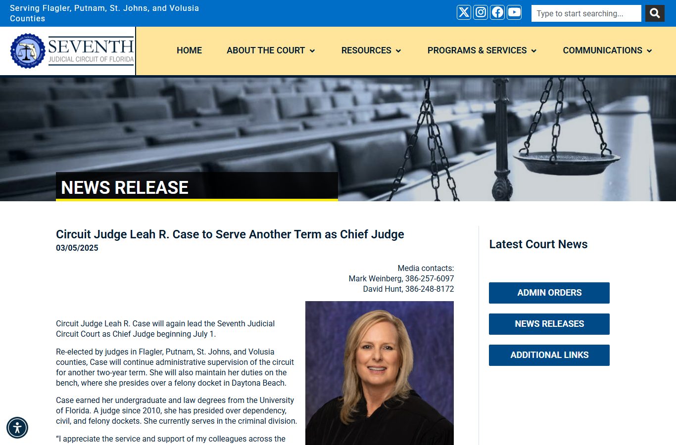 St. Johns County Circuit Court Chief Judge Leah R. Case reappointment announcement