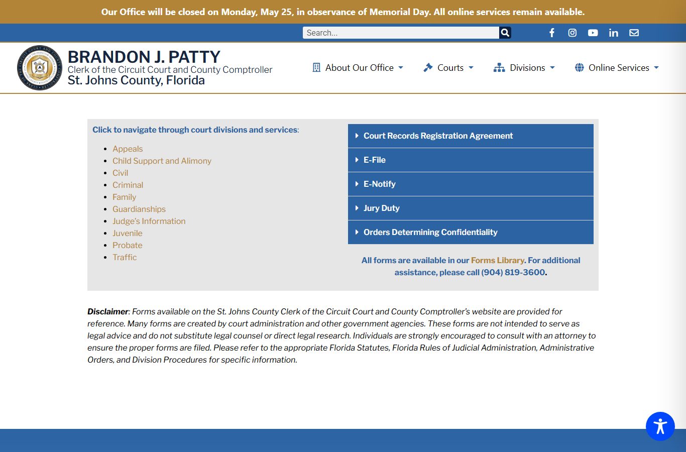 St. Johns County Clerk of the Circuit Court court services landing page