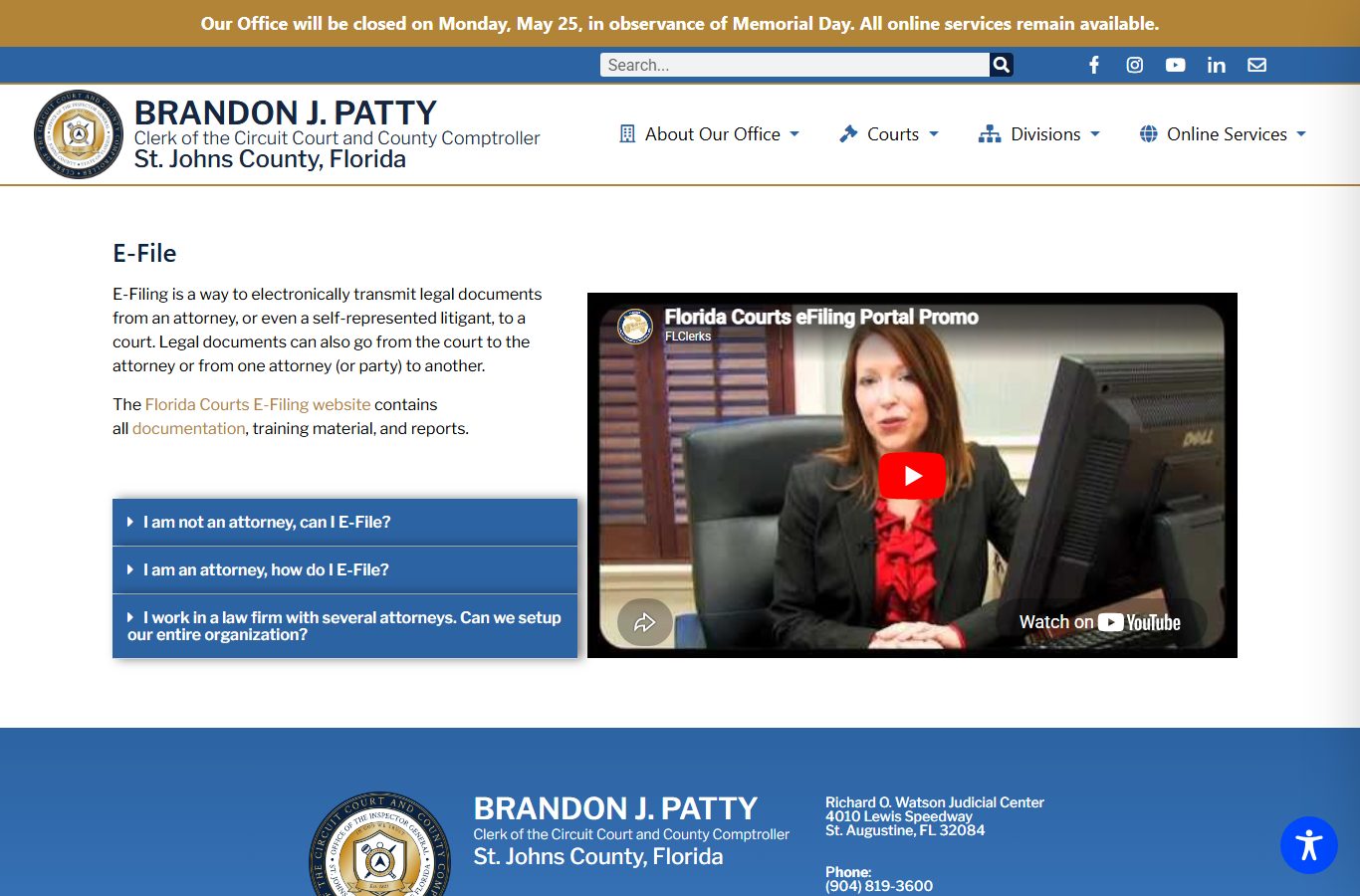 St. Johns County Clerk of the Circuit Court e-filing portal page