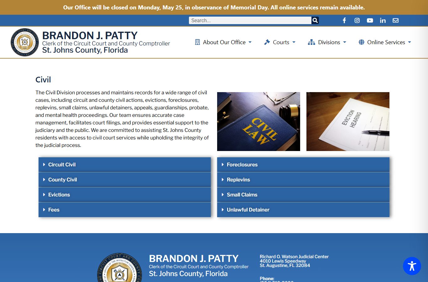 St. Johns County Court civil and small claims Clerk page