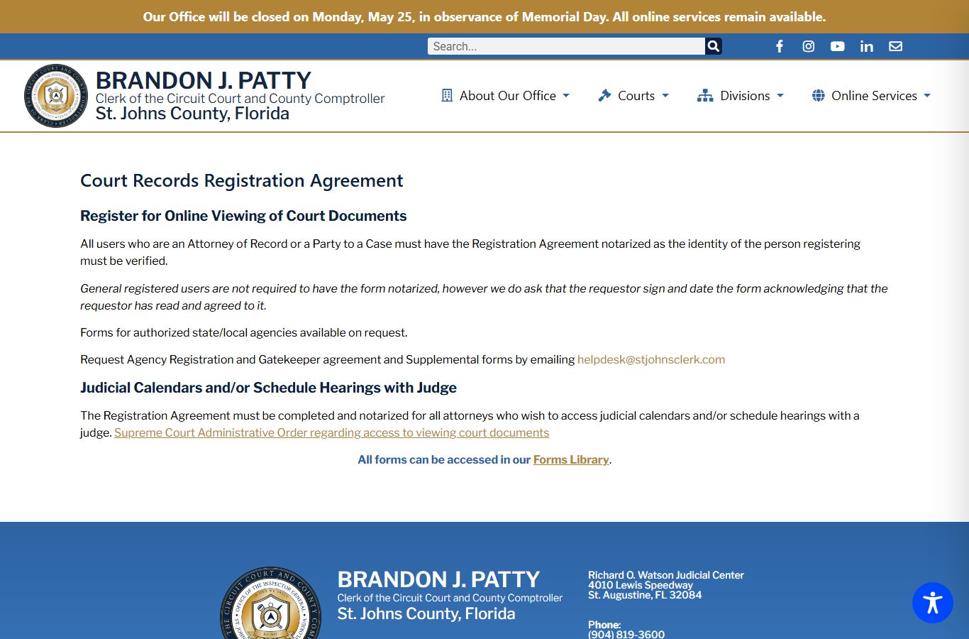 St. Johns County court records registration agreement for online access