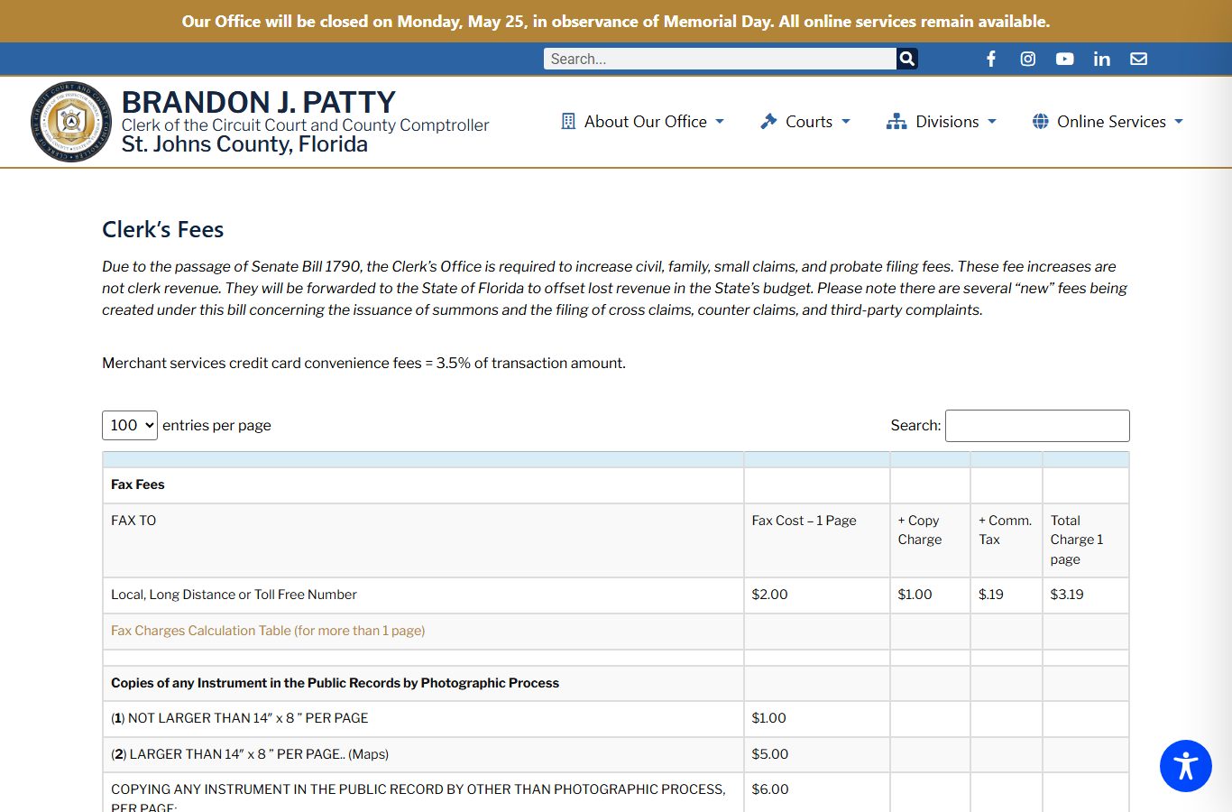 St. Johns County court records copy and certification fee schedule