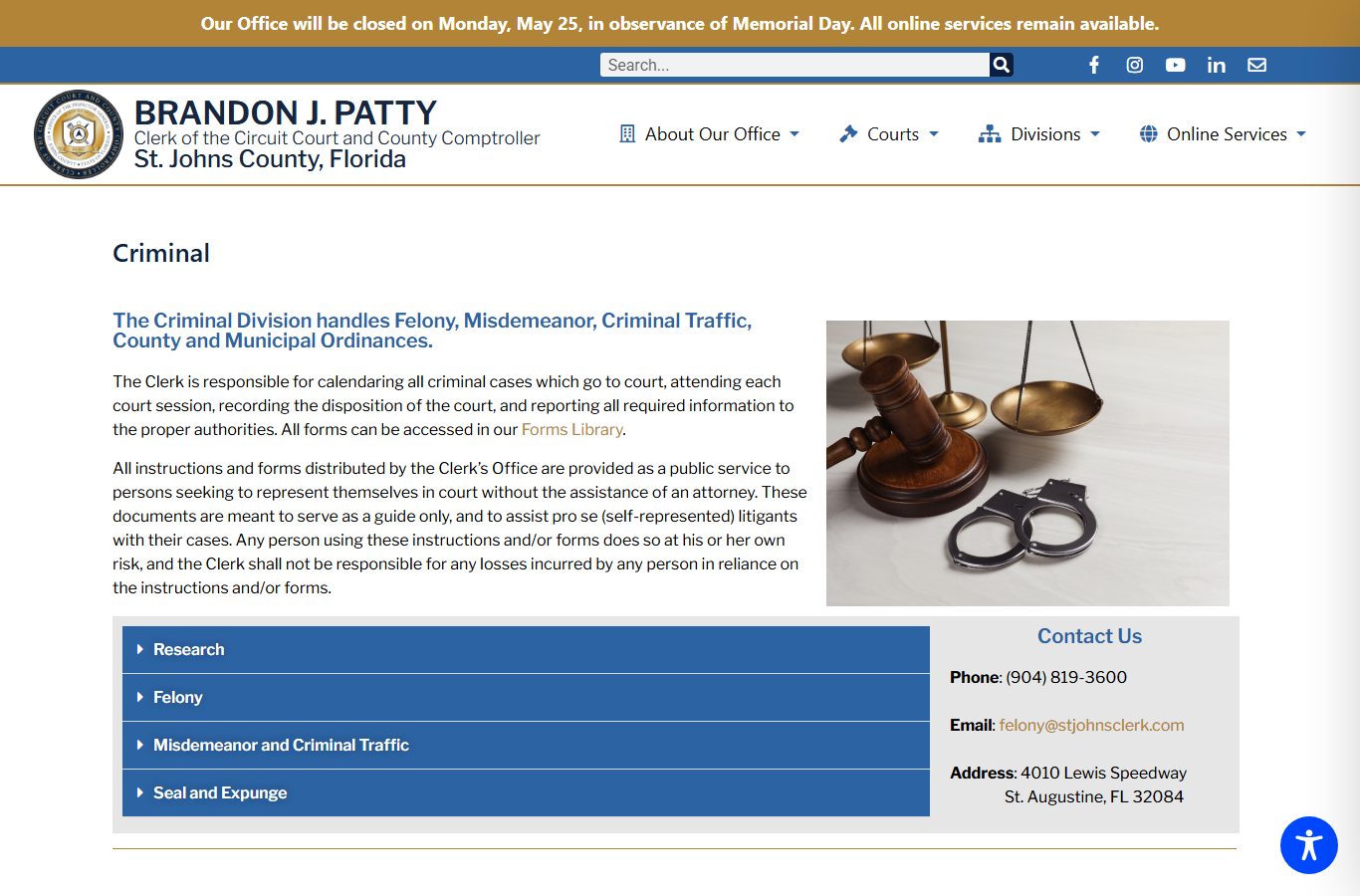 St. Johns County criminal records Clerk criminal division page