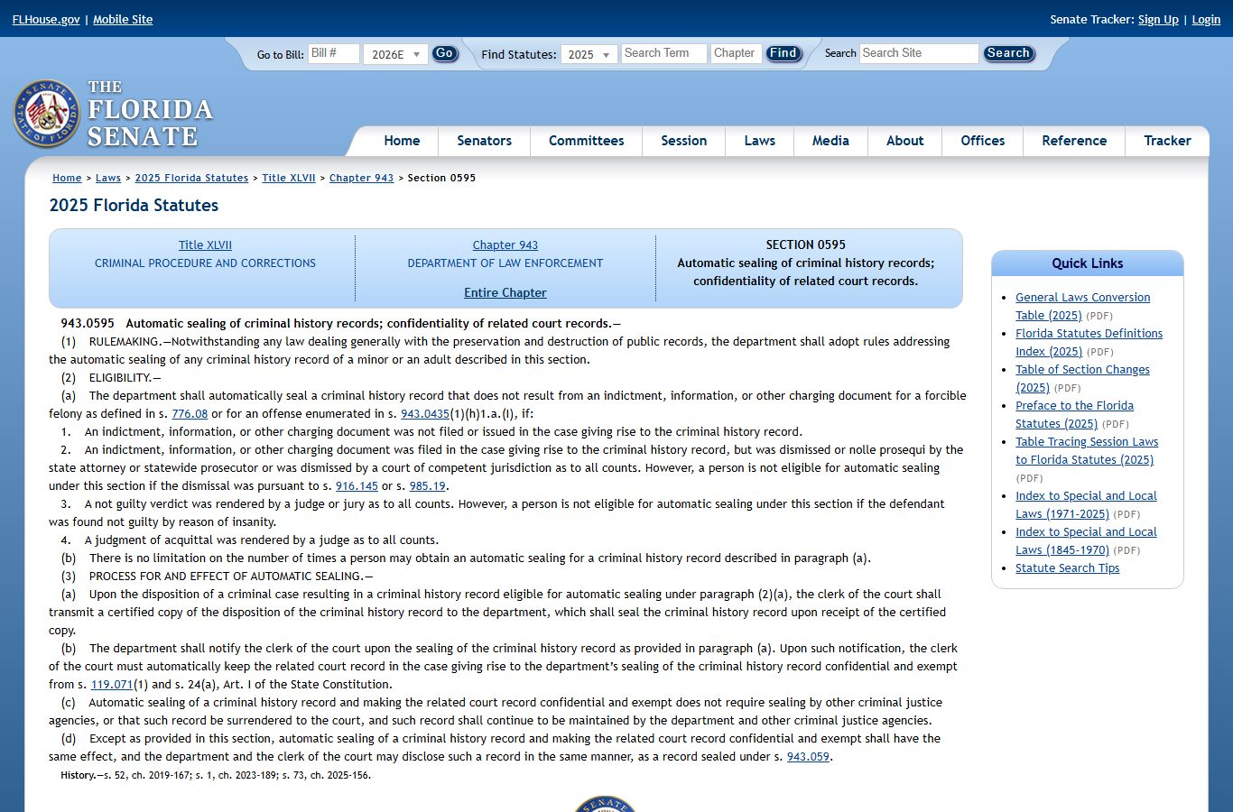 St. Johns County criminal records automatic sealing statute 943.0595 flsenate