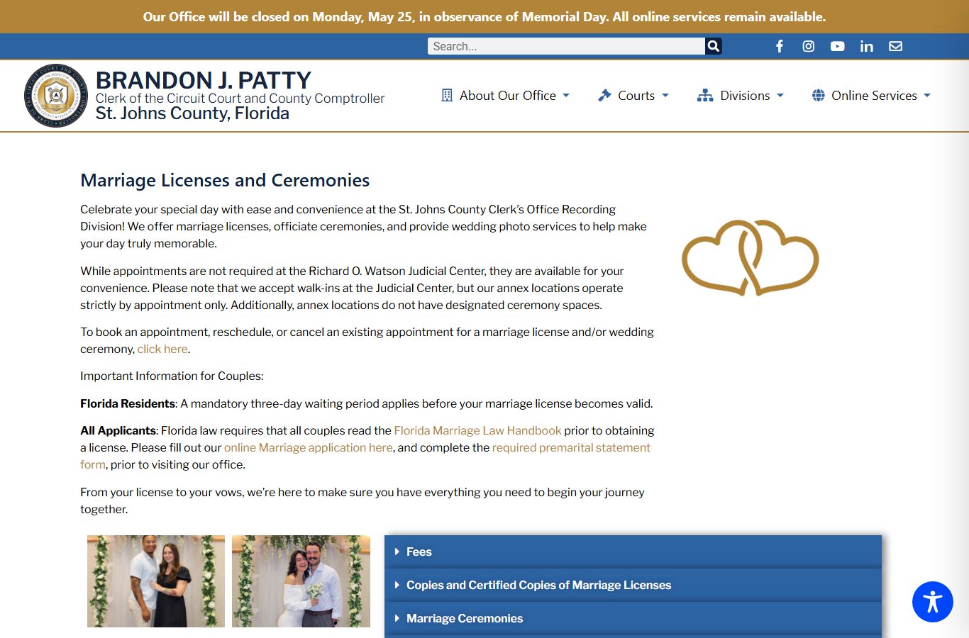 St. Johns County marriage license and ceremony page from the Clerk of Court
