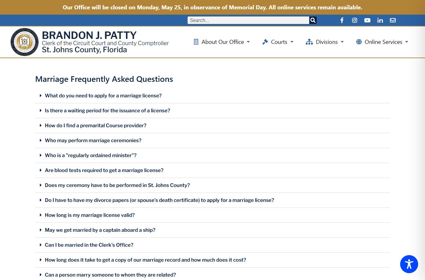 St. Johns County Clerk marriage FAQ page covering fees, waiting periods, and certified copies