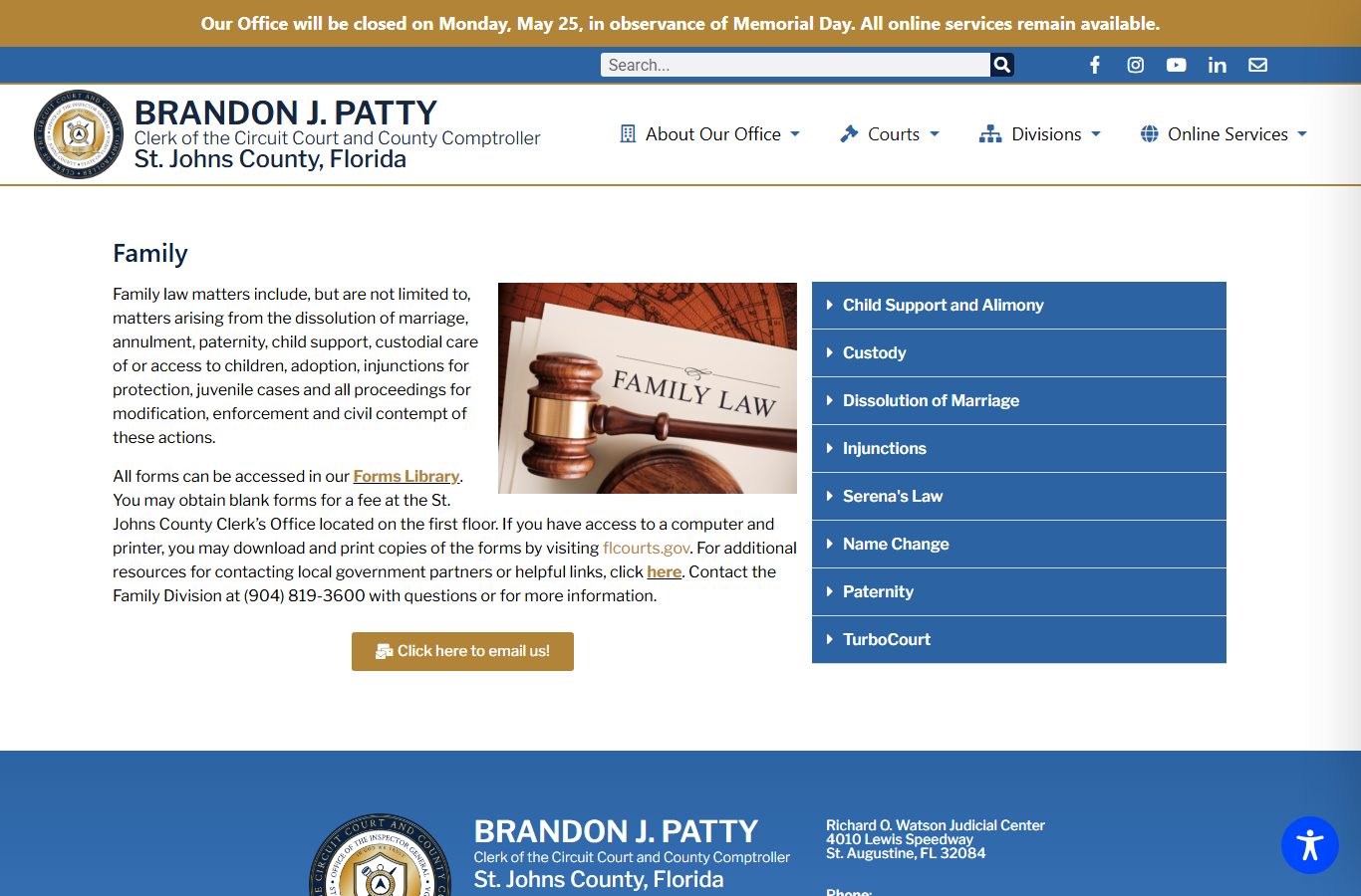 St. Johns County Clerk family law page covering dissolution of marriage and related records
