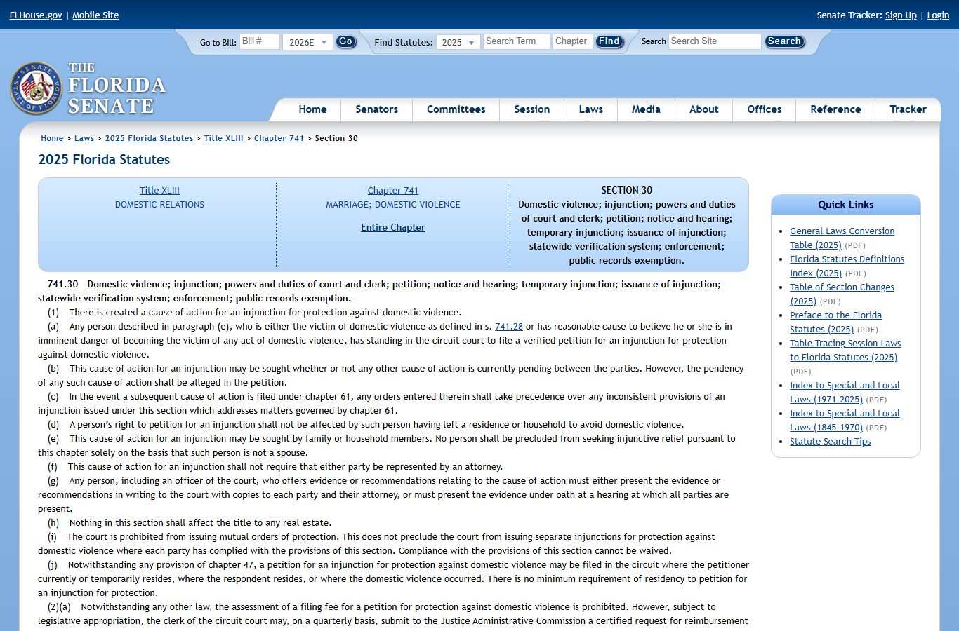 St. Johns County domestic violence injunction statute 741.30 on flsenate.gov
