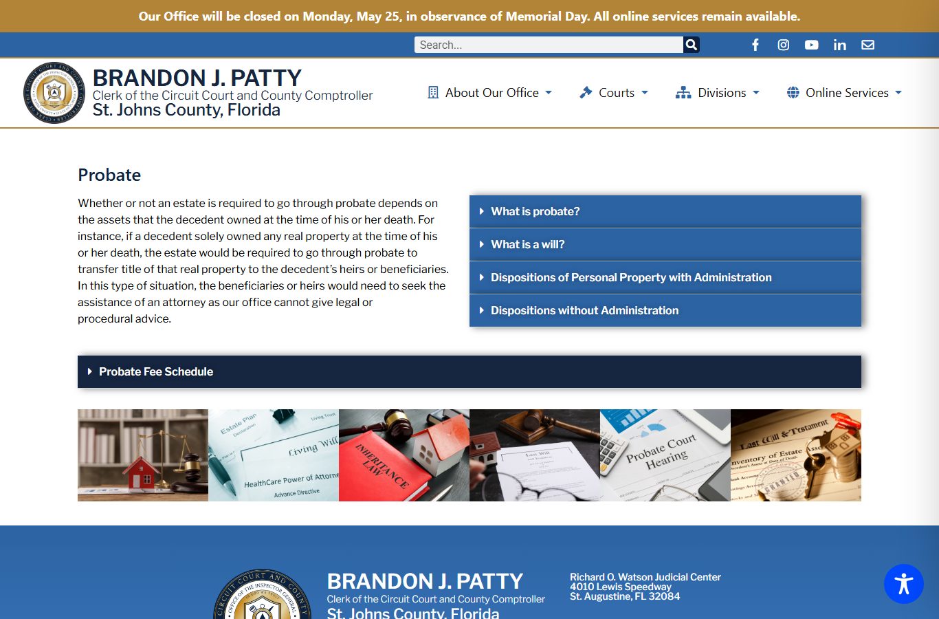 St. Johns County Clerk probate page showing filing types and fee schedule