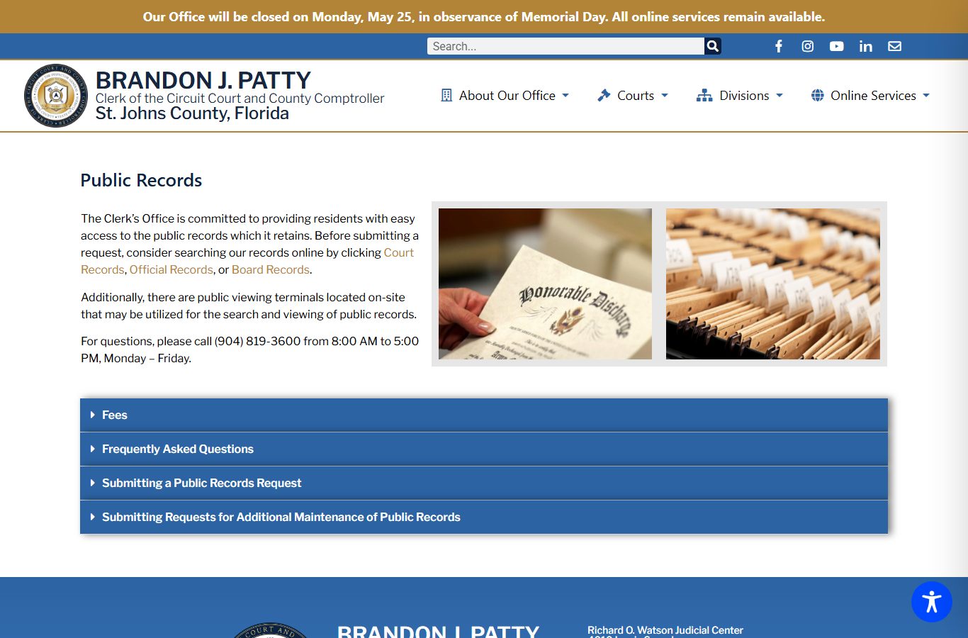 St. Johns County public records request page showing fees and request channels