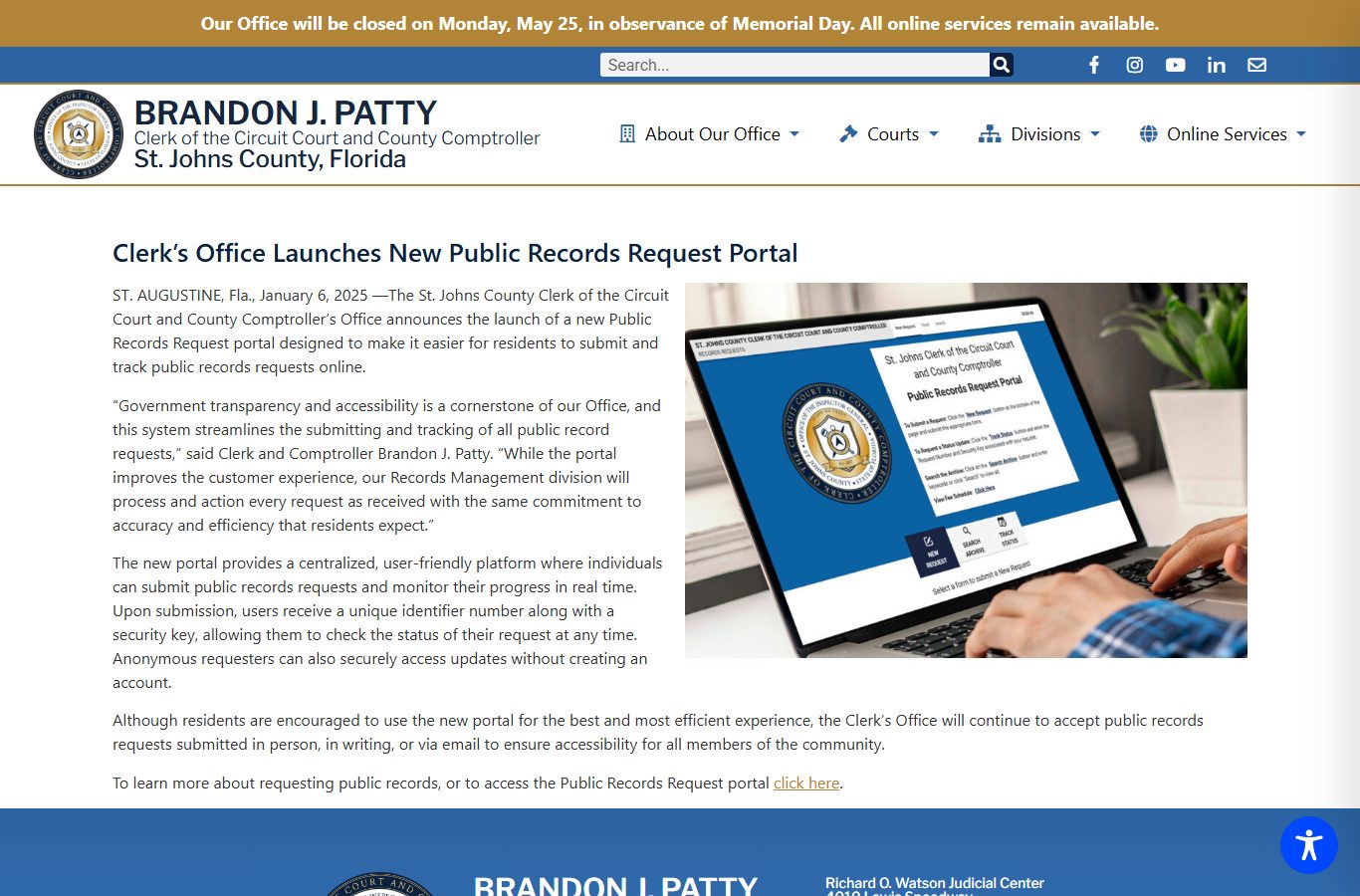 St. Johns County Clerk public records portal launch announcement from January 2025