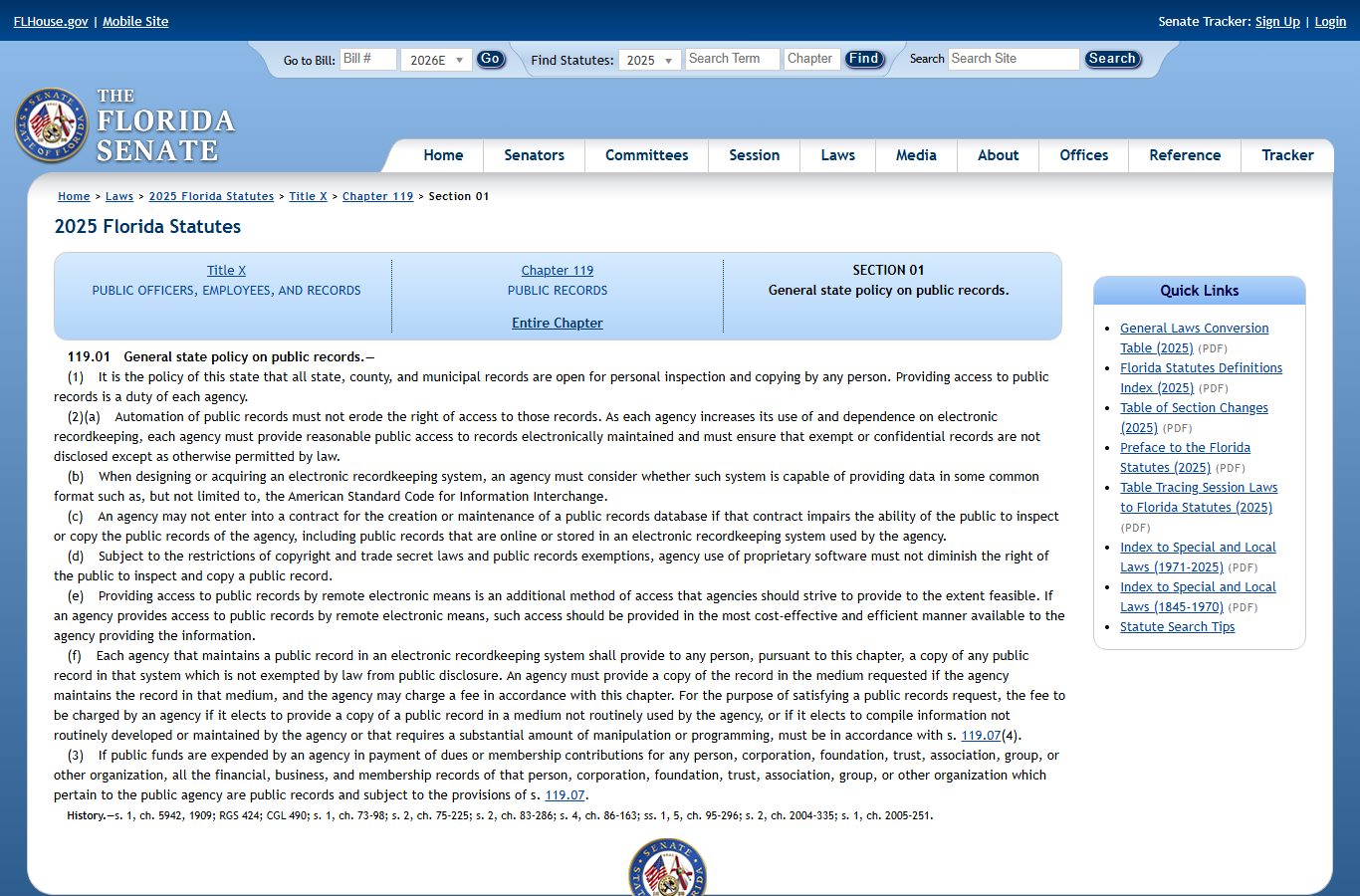 St. Johns County Florida public records policy under Florida Statutes 119.01