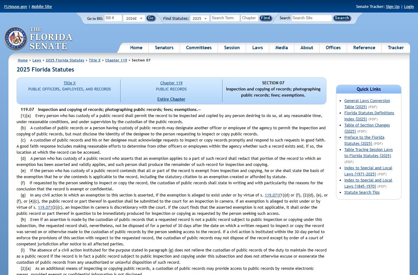 St. Johns County public records inspection and copying rules under Florida Statutes 119.07