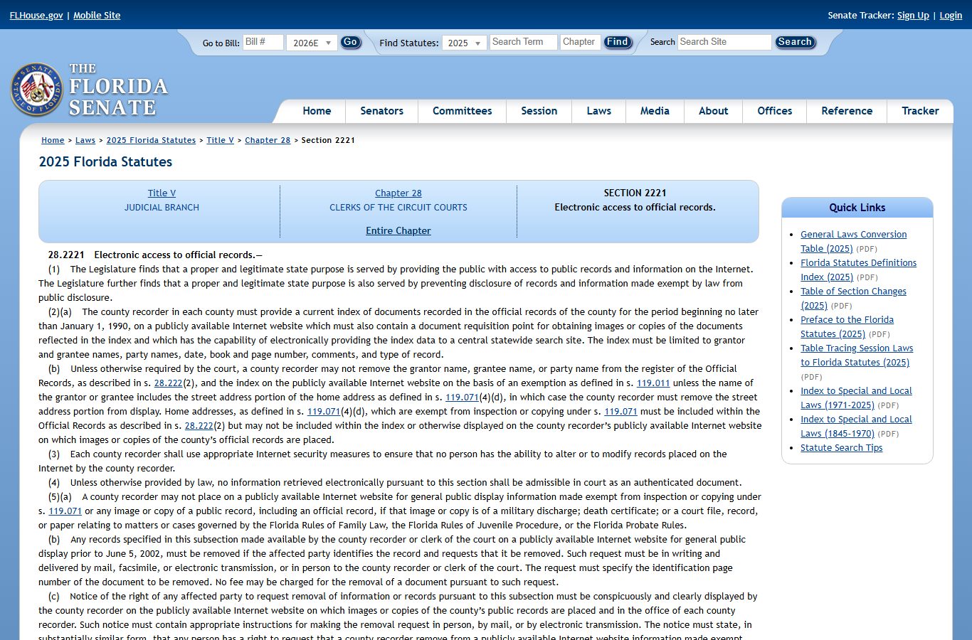 St. Johns County electronic official records access and identity protection under Florida Statutes 28.2221