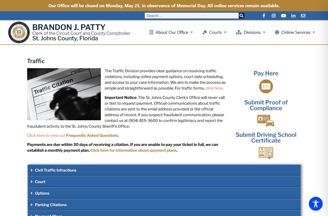 St. Johns County traffic court records Clerk traffic division page