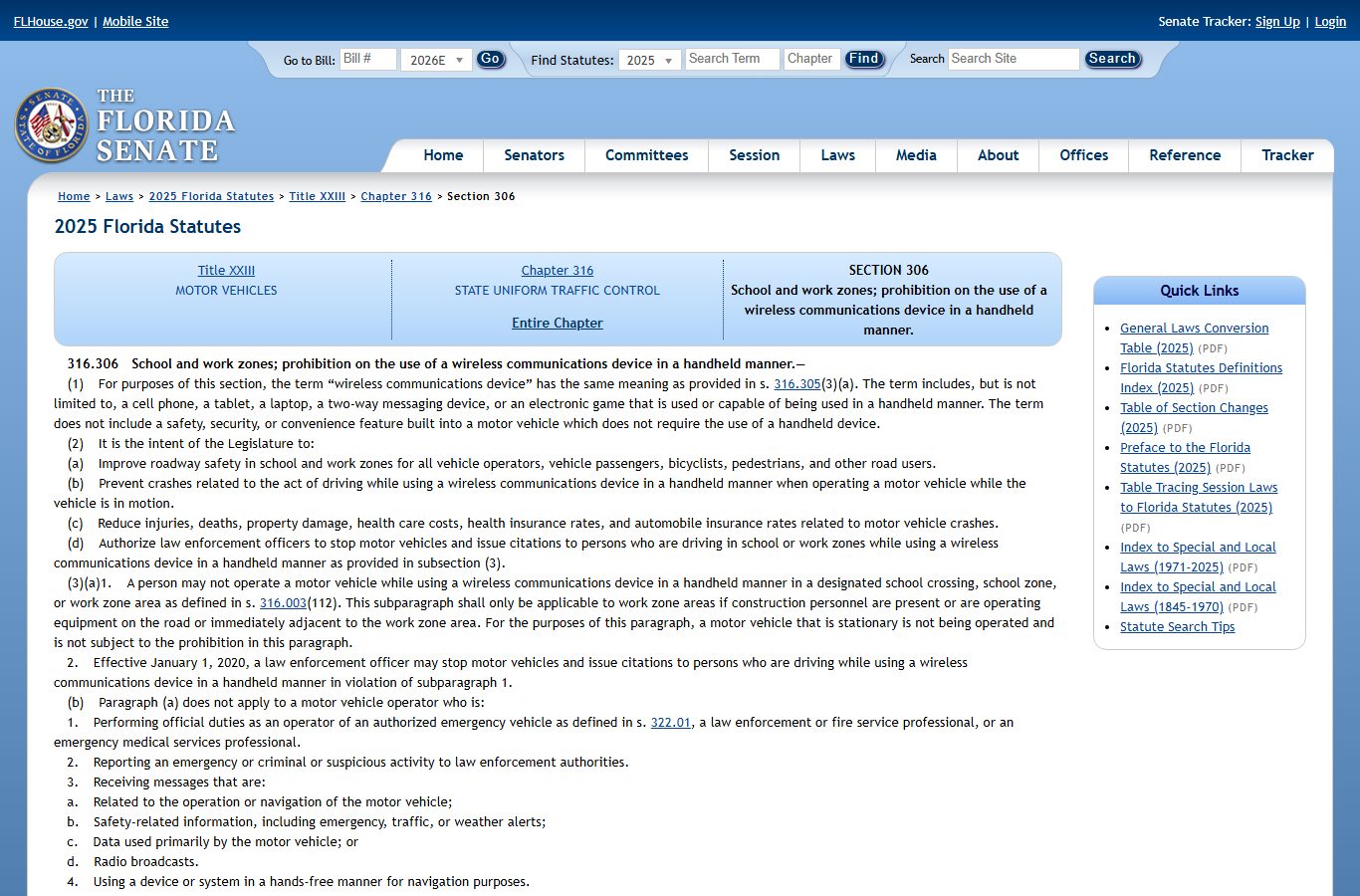 St. Johns County traffic court records wireless device citation statute 316.306 flsenate