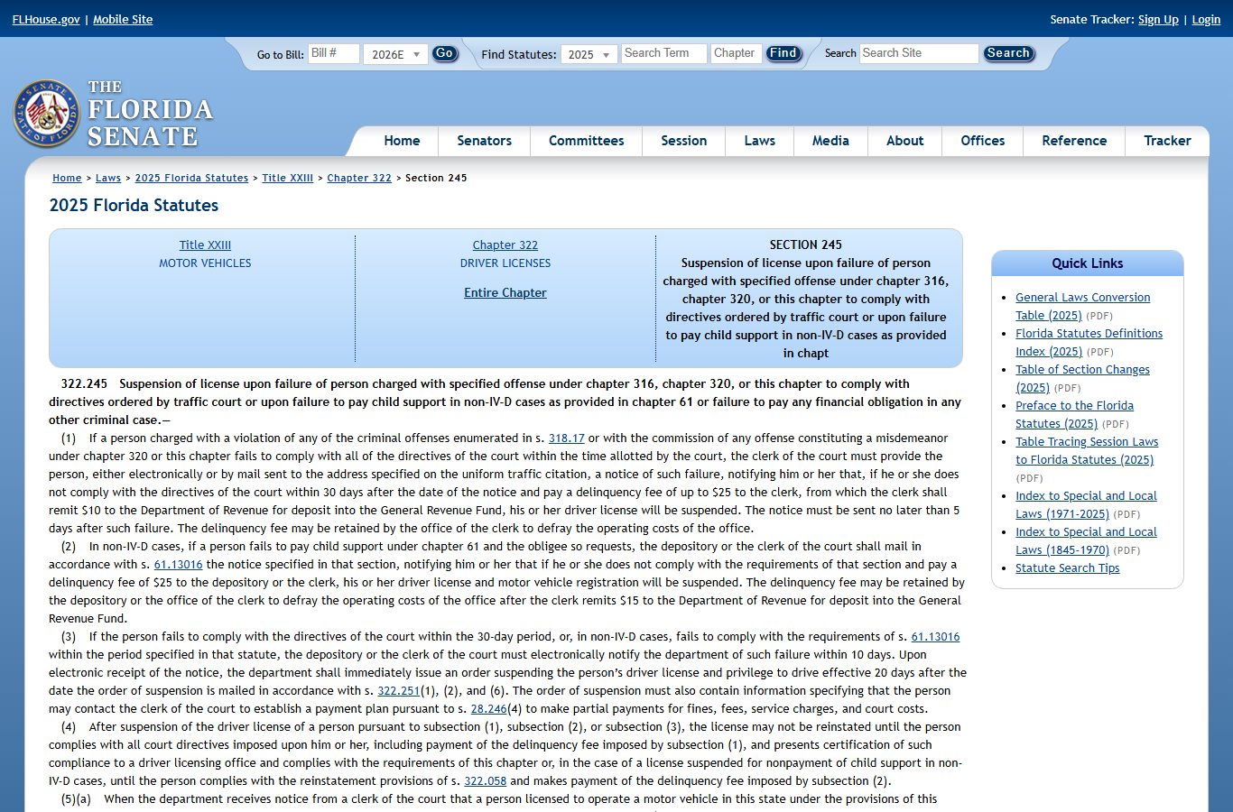 St. Johns County traffic court records driver license suspension statute 322.245 flsenate