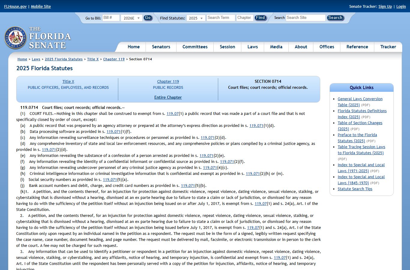 St. Johns County warrant records court records exemptions statute 119.0714 flsenate